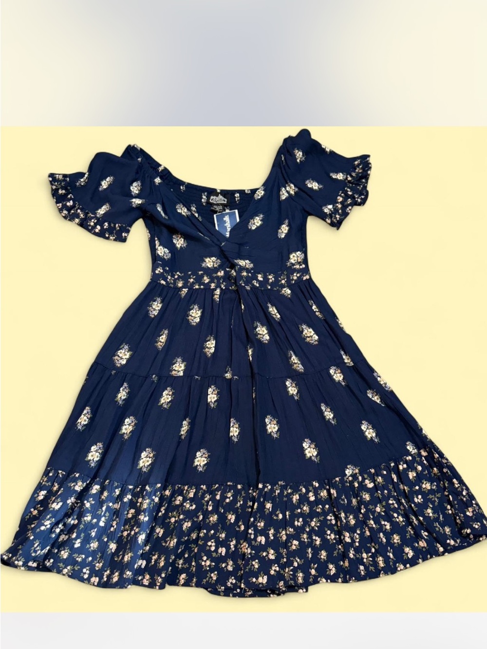 Adorable Navy Floral Puff-Sleeve Tiered Dress